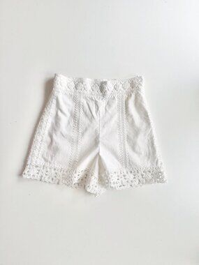 ZARA White Cotton Canvas Crochet Lace Trim High Waisted Shorts, Size XS
